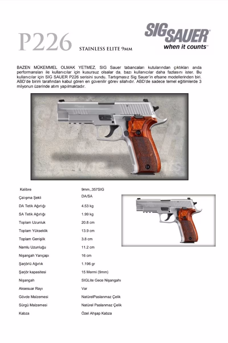 Özel Harekatçıdan satılık sıfır tertemiz Sig Sauer. P226 Stainless Elite